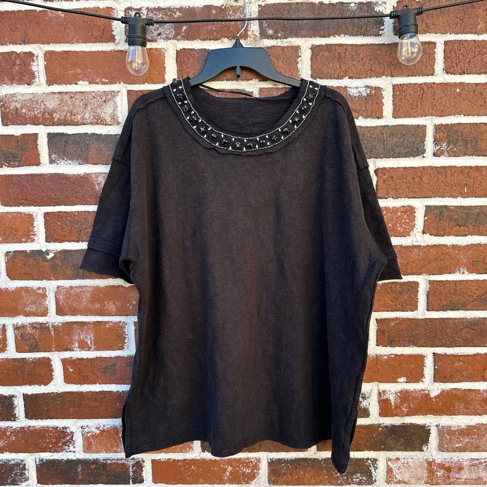 Free People Small Black Short Sleeve oversized Tee with Embellished Collar